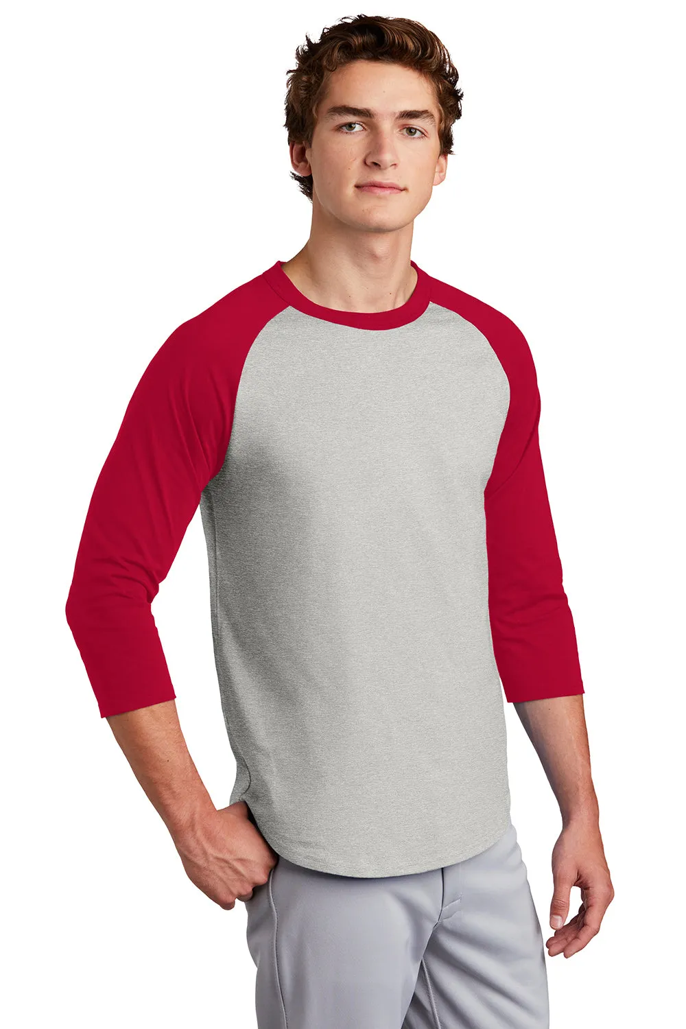 Sport-Tek Mens 3/4 Sleeve Crewneck T-Shirt - Heather Grey/Red