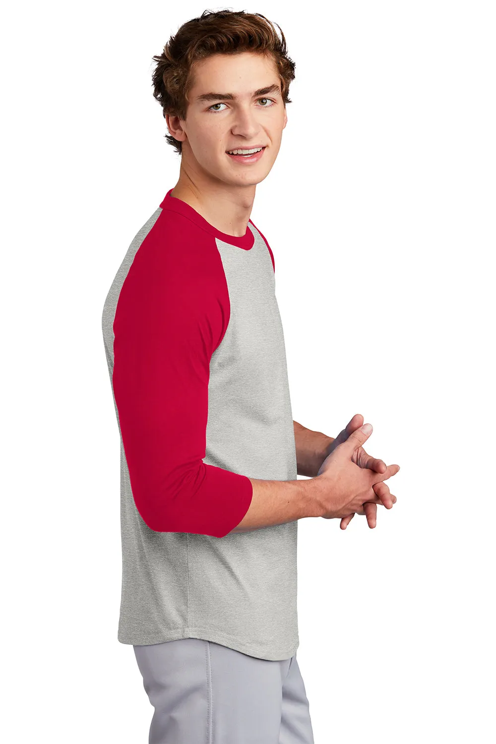 Sport-Tek Mens 3/4 Sleeve Crewneck T-Shirt - Heather Grey/Red