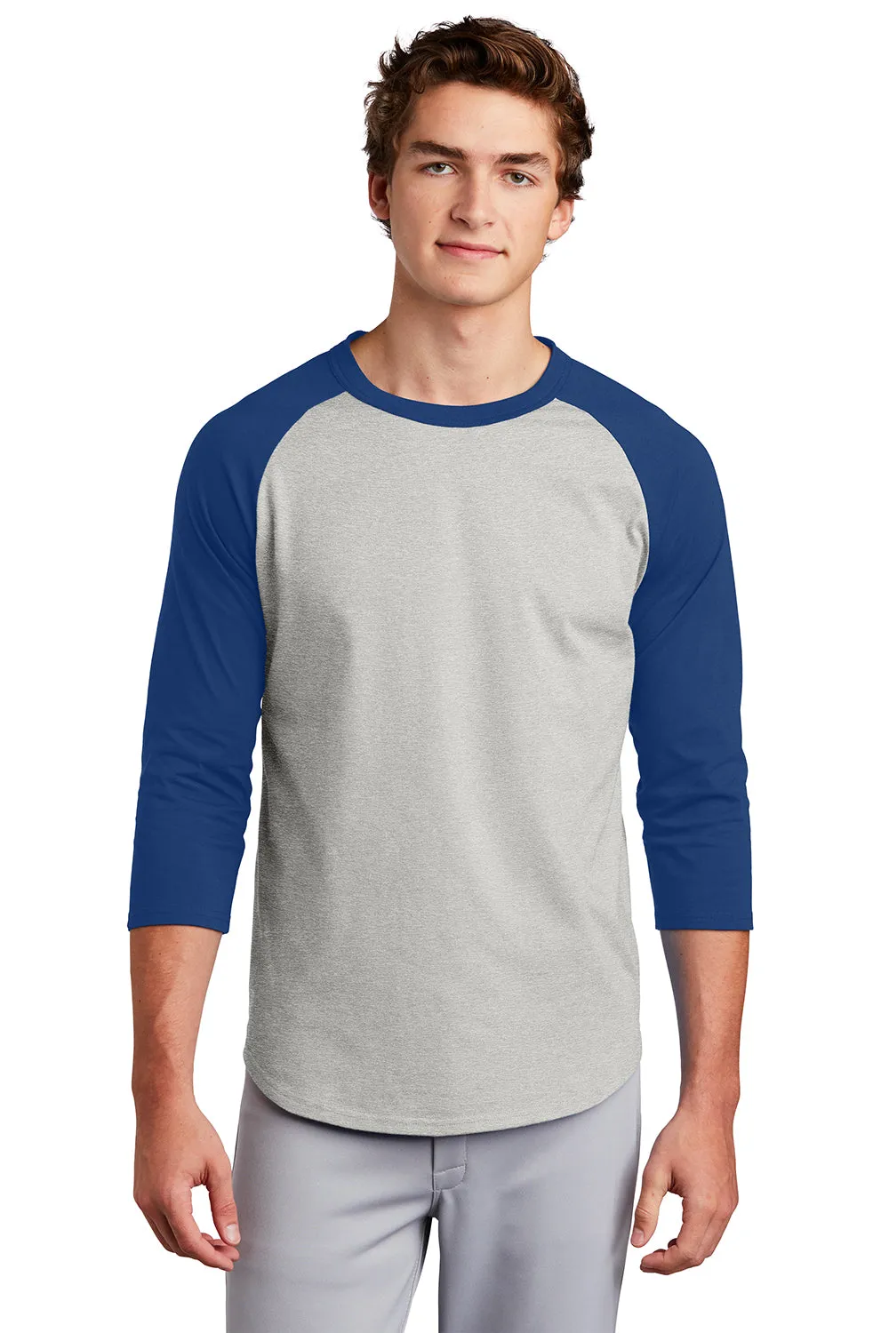Sport-Tek Mens 3/4 Sleeve Crewneck T-Shirt - Heather Grey/Royal Blue