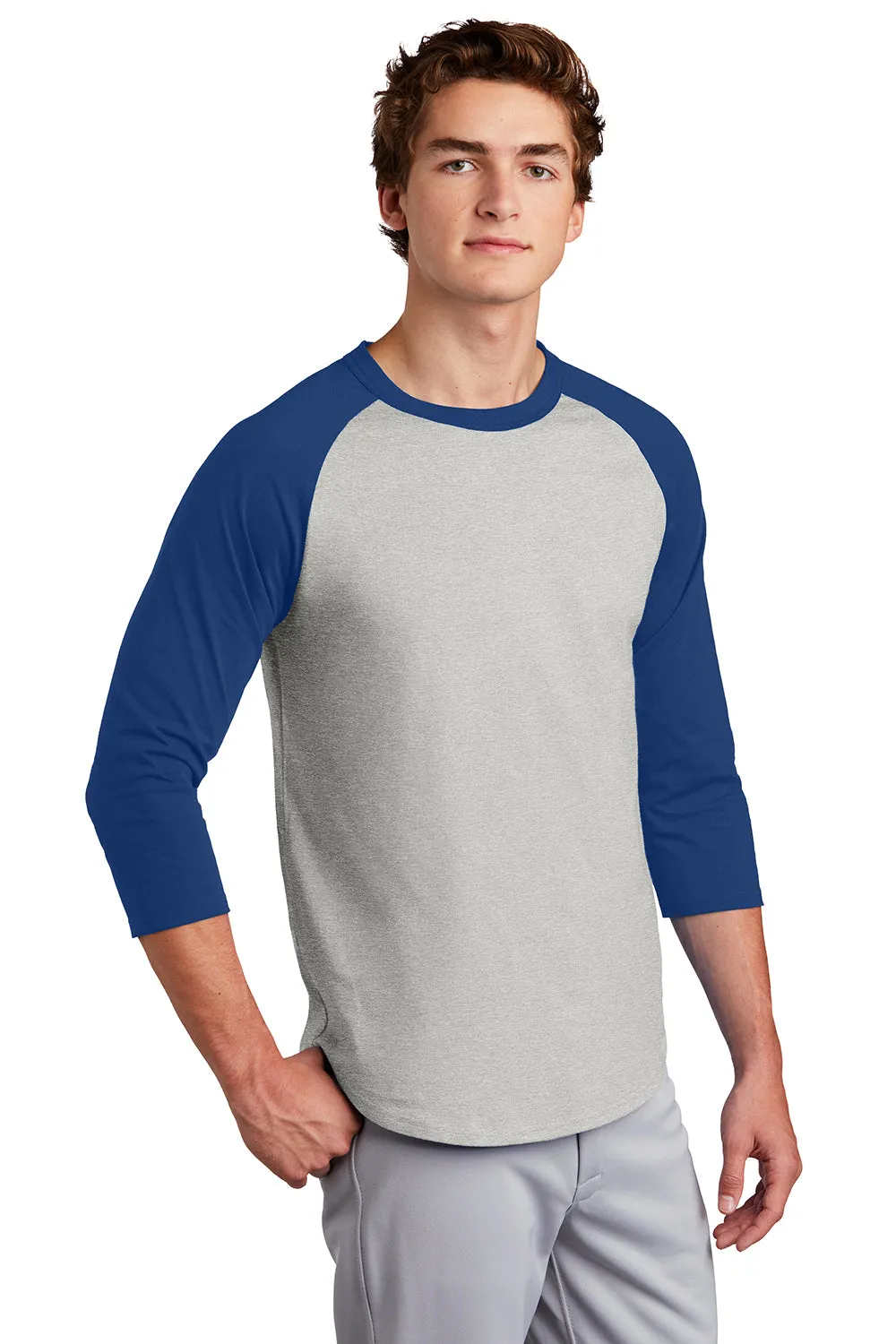 Sport-Tek Mens 3/4 Sleeve Crewneck T-Shirt - Heather Grey/Royal Blue