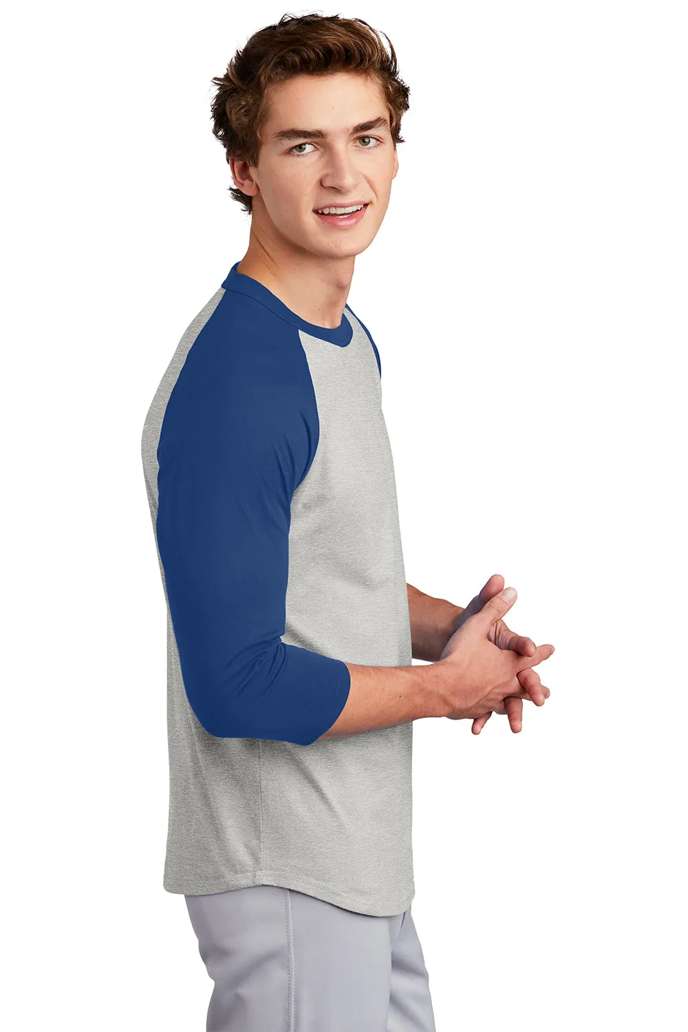 Sport-Tek Mens 3/4 Sleeve Crewneck T-Shirt - Heather Grey/Royal Blue