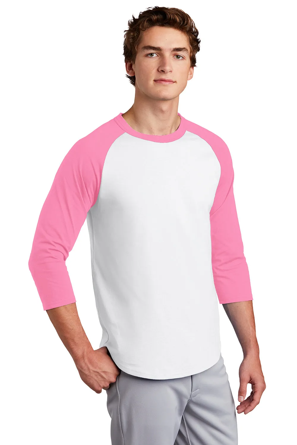 Sport-Tek Mens 3/4 Sleeve Crewneck T-Shirt - White/Bright Pink