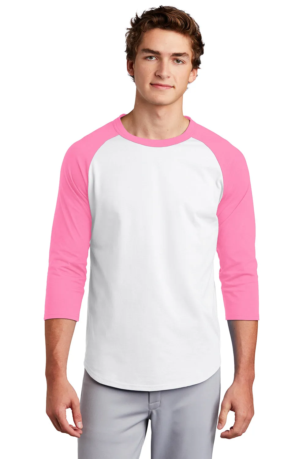 Sport-Tek Mens 3/4 Sleeve Crewneck T-Shirt - White/Bright Pink