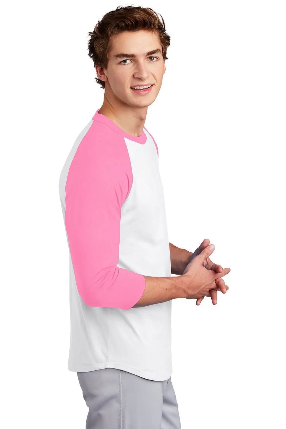 Sport-Tek Mens 3/4 Sleeve Crewneck T-Shirt - White/Bright Pink