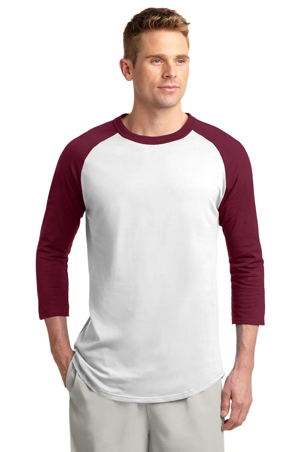 Sport-Tek Mens 3/4 Sleeve Crewneck T-Shirt - White/Cardinal Red - Closeout