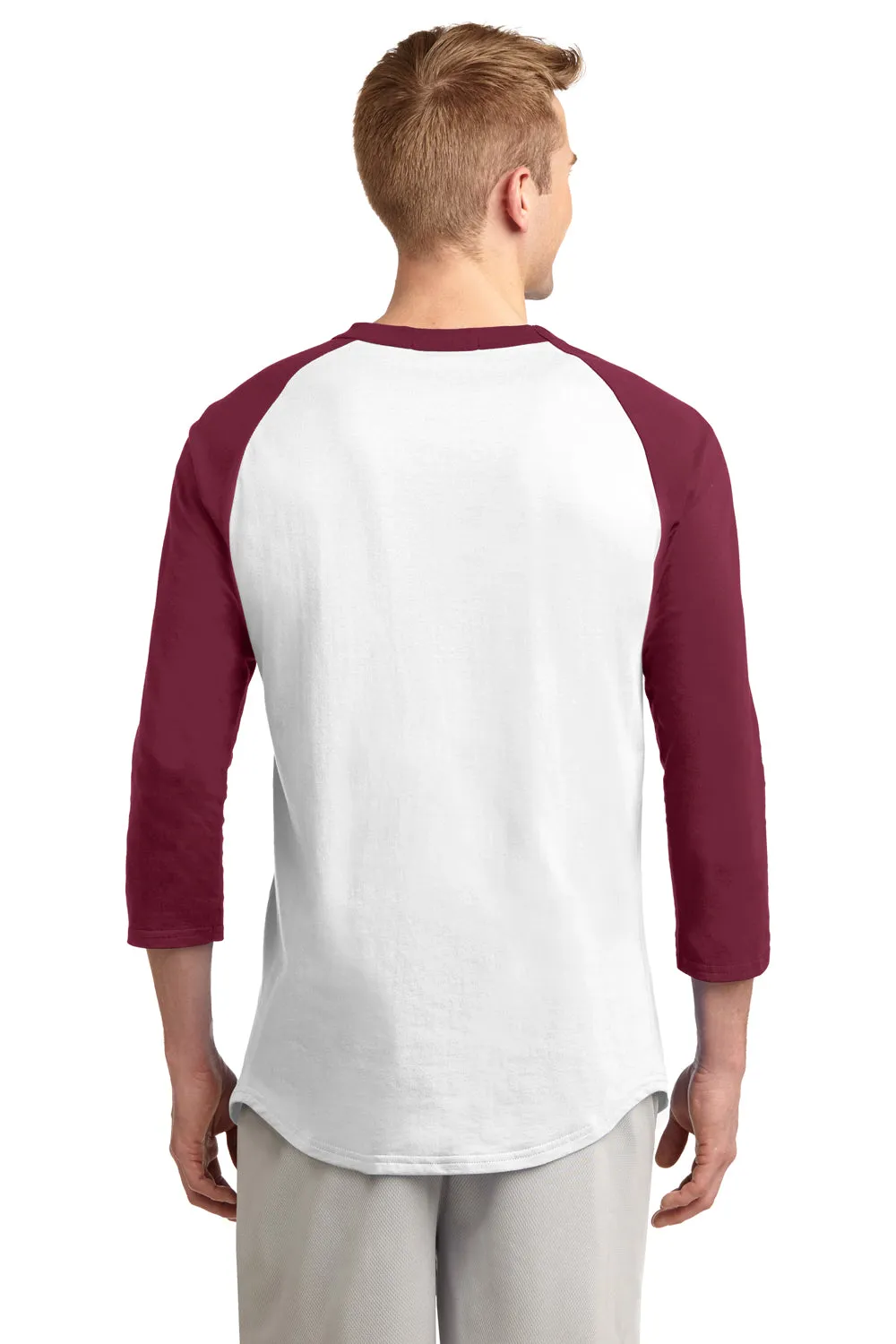Sport-Tek Mens 3/4 Sleeve Crewneck T-Shirt - White/Cardinal Red - Closeout
