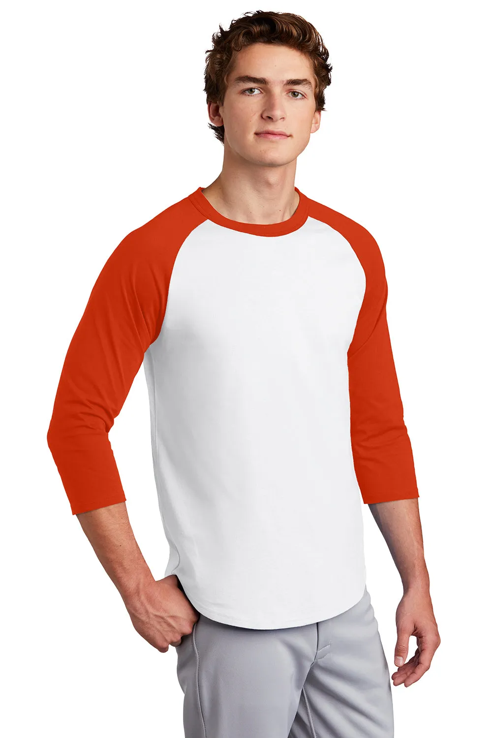 Sport-Tek Mens 3/4 Sleeve Crewneck T-Shirt - White/Deep Orange