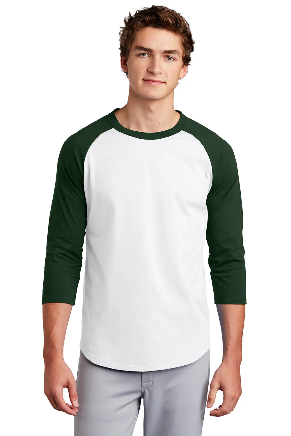 Sport-Tek Mens 3/4 Sleeve Crewneck T-Shirt - White/Forest Green