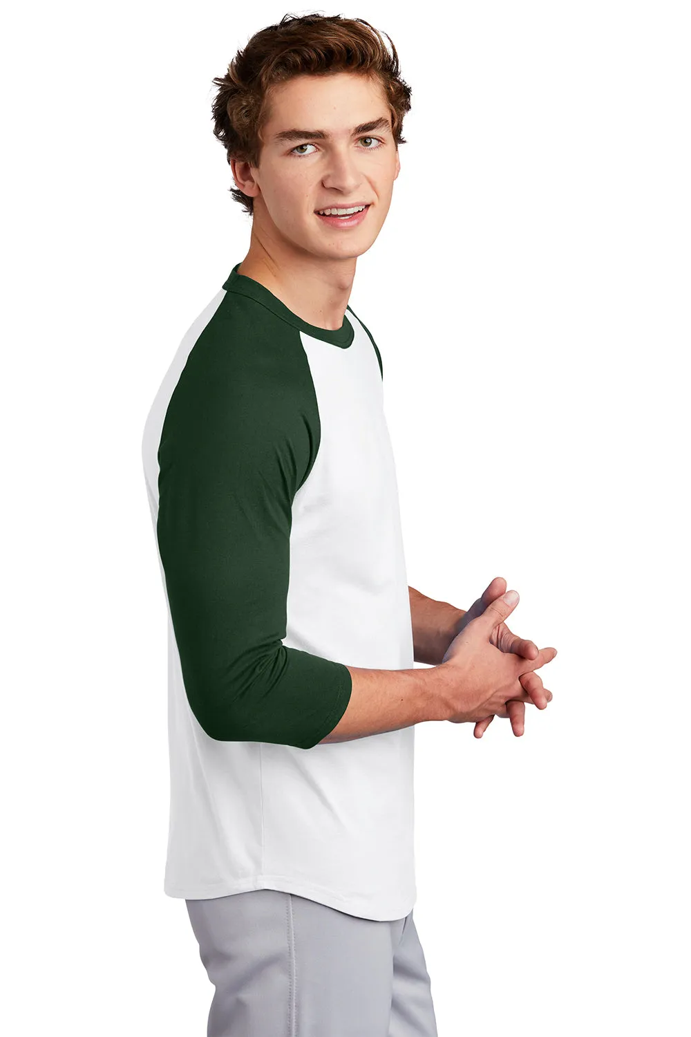 Sport-Tek Mens 3/4 Sleeve Crewneck T-Shirt - White/Forest Green