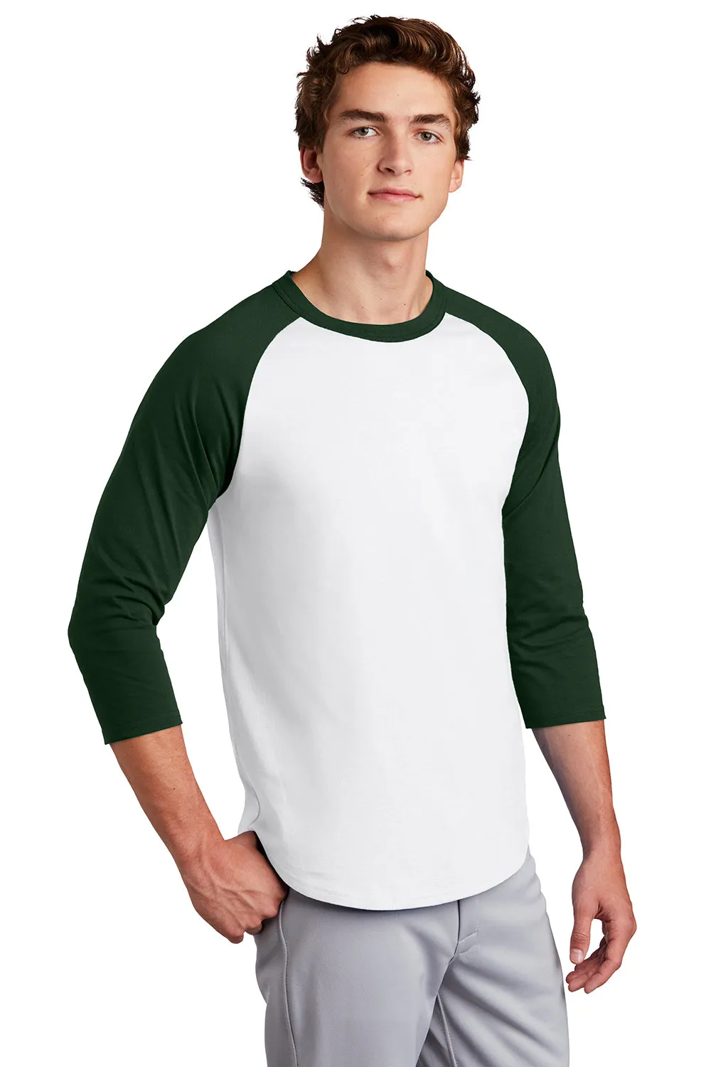 Sport-Tek Mens 3/4 Sleeve Crewneck T-Shirt - White/Forest Green