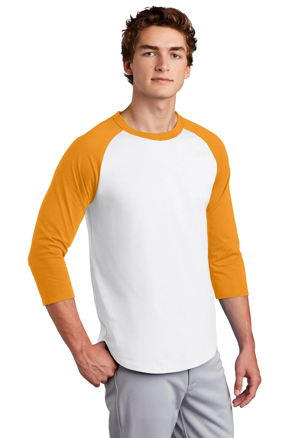 Sport-Tek Mens 3/4 Sleeve Crewneck T-Shirt - White/Gold