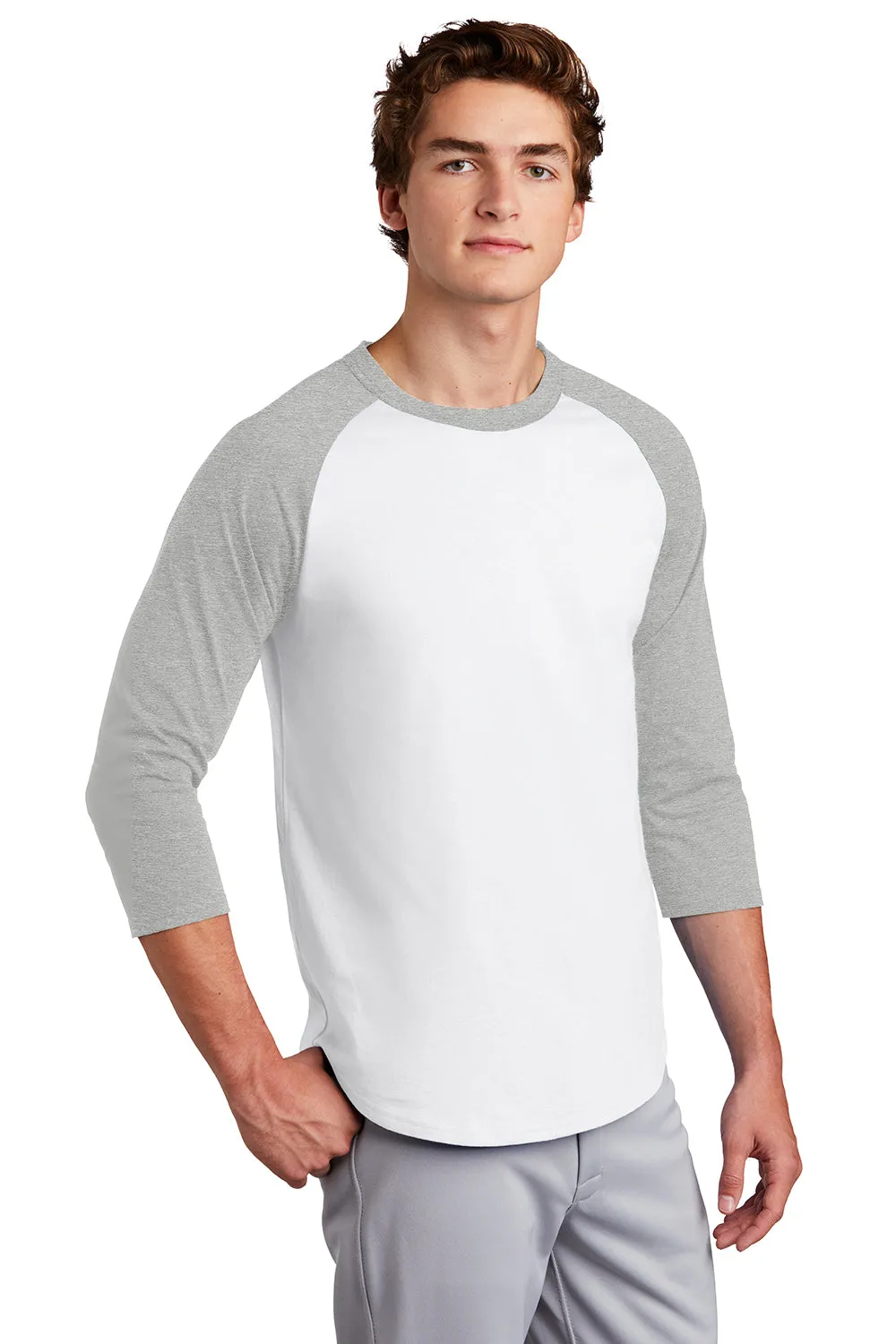 Sport-Tek Mens 3/4 Sleeve Crewneck T-Shirt - White/Heather Grey