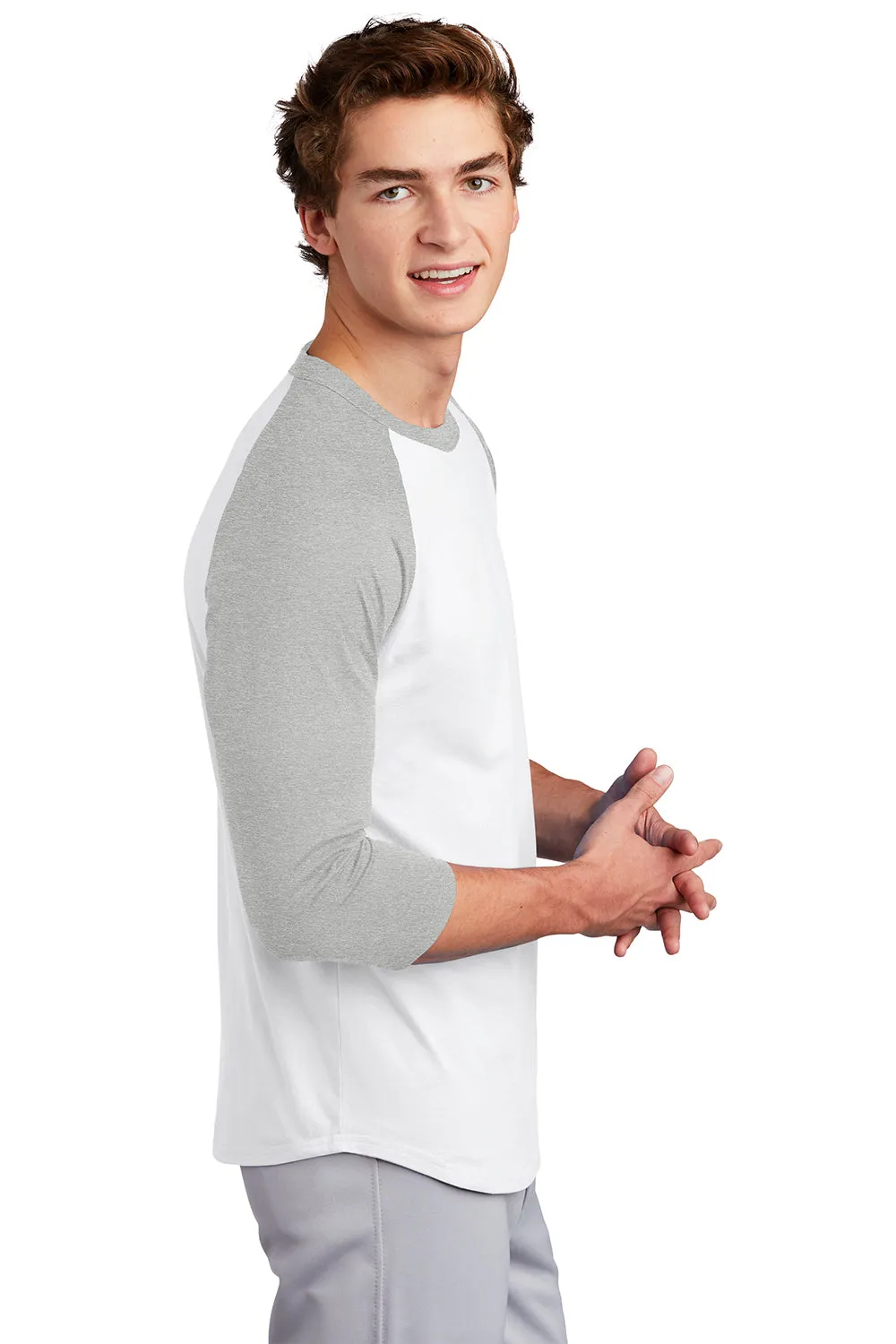 Sport-Tek Mens 3/4 Sleeve Crewneck T-Shirt - White/Heather Grey