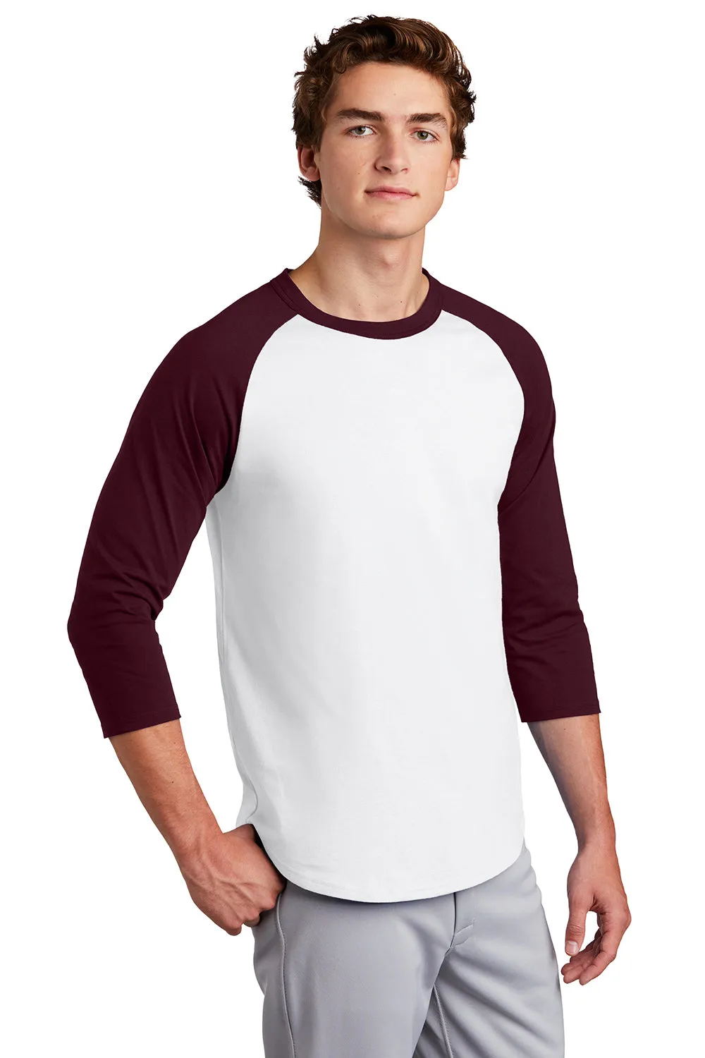 Sport-Tek Mens 3/4 Sleeve Crewneck T-Shirt - White/Maroon