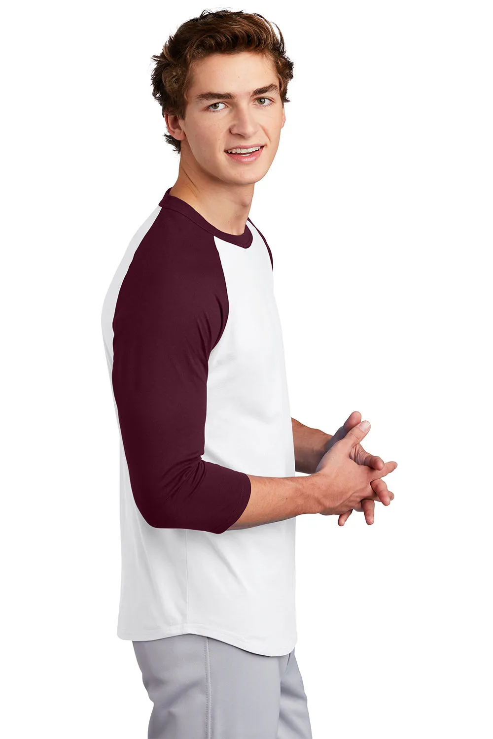 Sport-Tek Mens 3/4 Sleeve Crewneck T-Shirt - White/Maroon