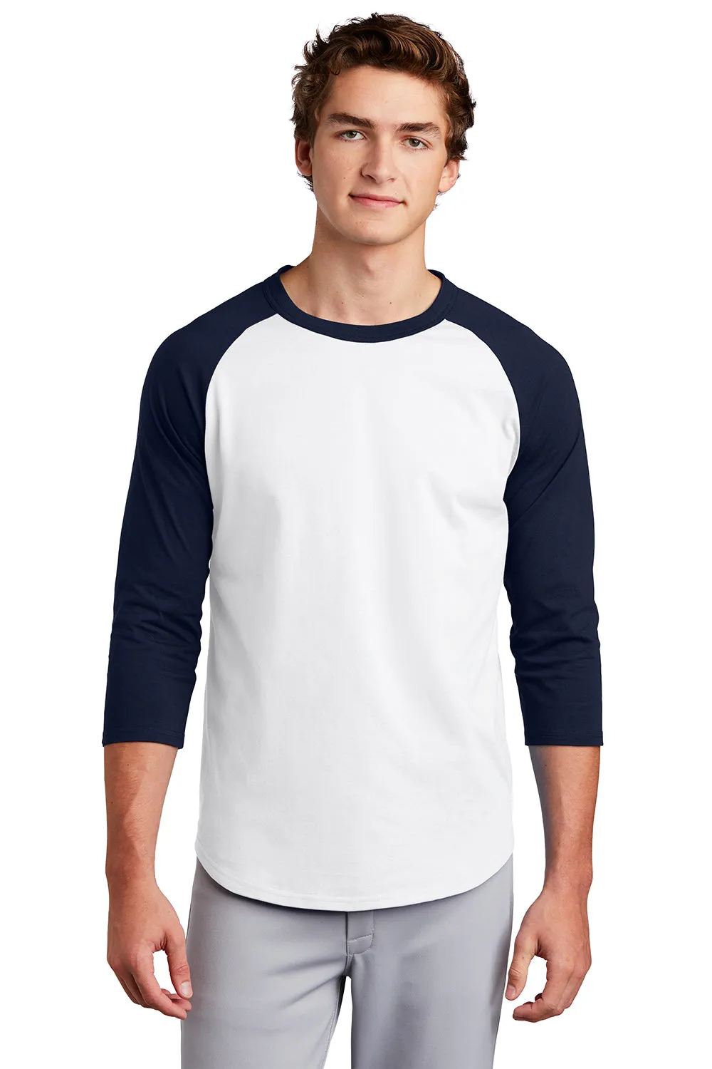 Sport-Tek Mens 3/4 Sleeve Crewneck T-Shirt - White/Navy Blue