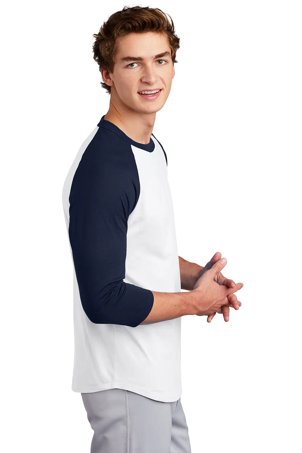Sport-Tek Mens 3/4 Sleeve Crewneck T-Shirt - White/Navy Blue