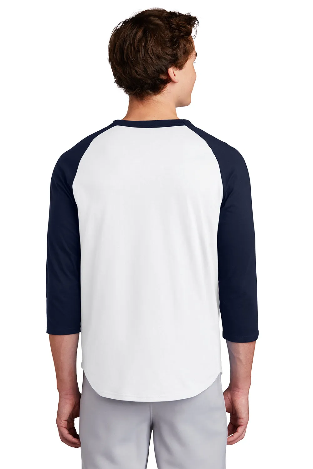 Sport-Tek Mens 3/4 Sleeve Crewneck T-Shirt - White/Navy Blue