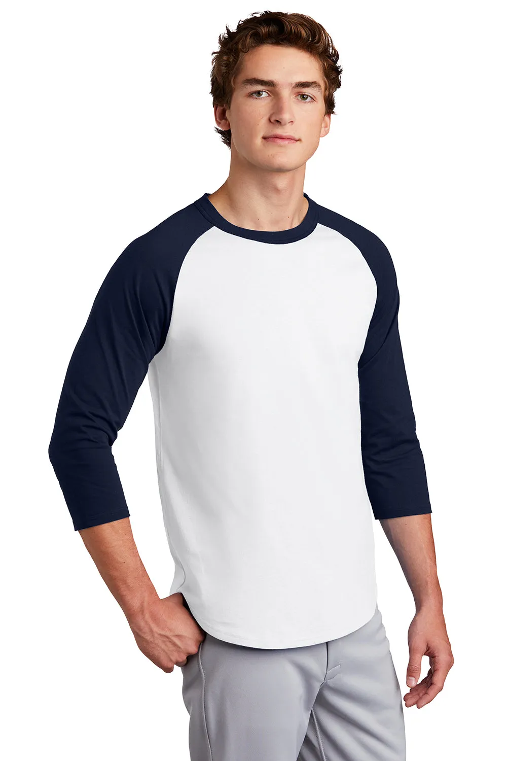Sport-Tek Mens 3/4 Sleeve Crewneck T-Shirt - White/Navy Blue