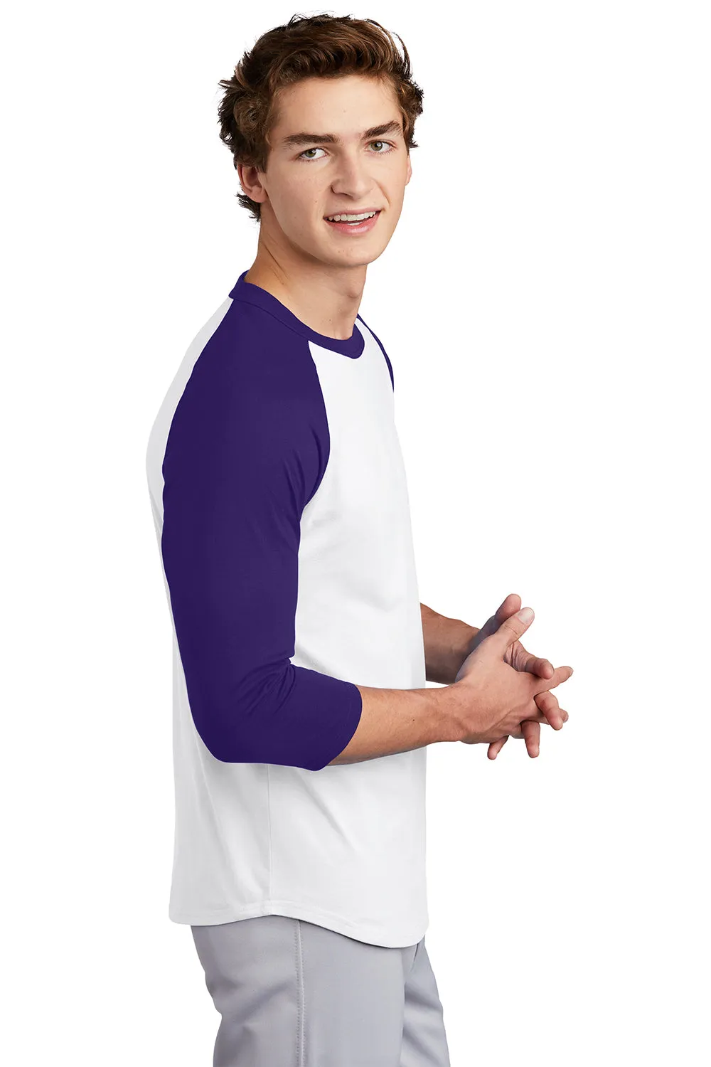 Sport-Tek Mens 3/4 Sleeve Crewneck T-Shirt - White/Purple