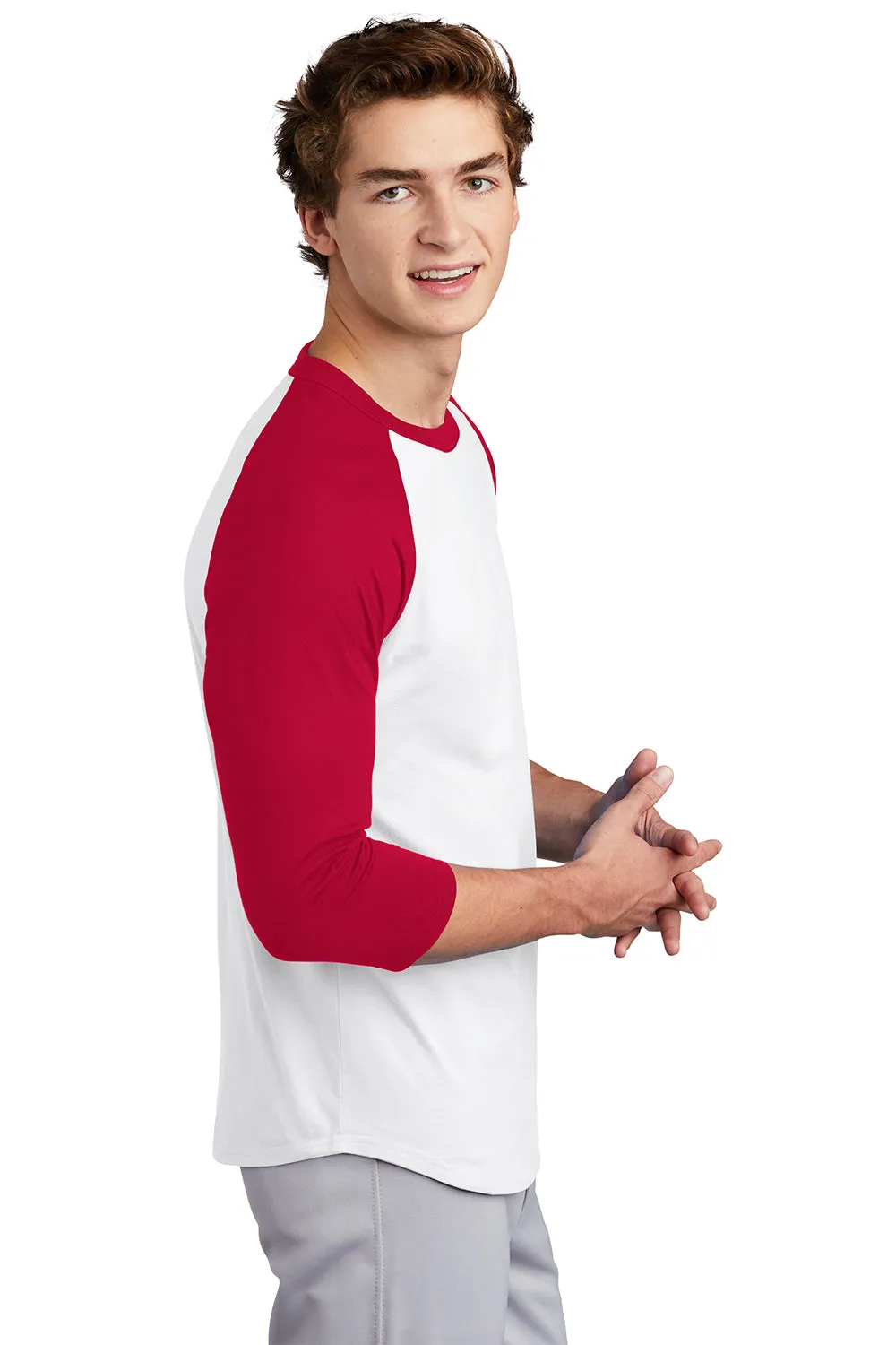 Sport-Tek Mens 3/4 Sleeve Crewneck T-Shirt - White/Red