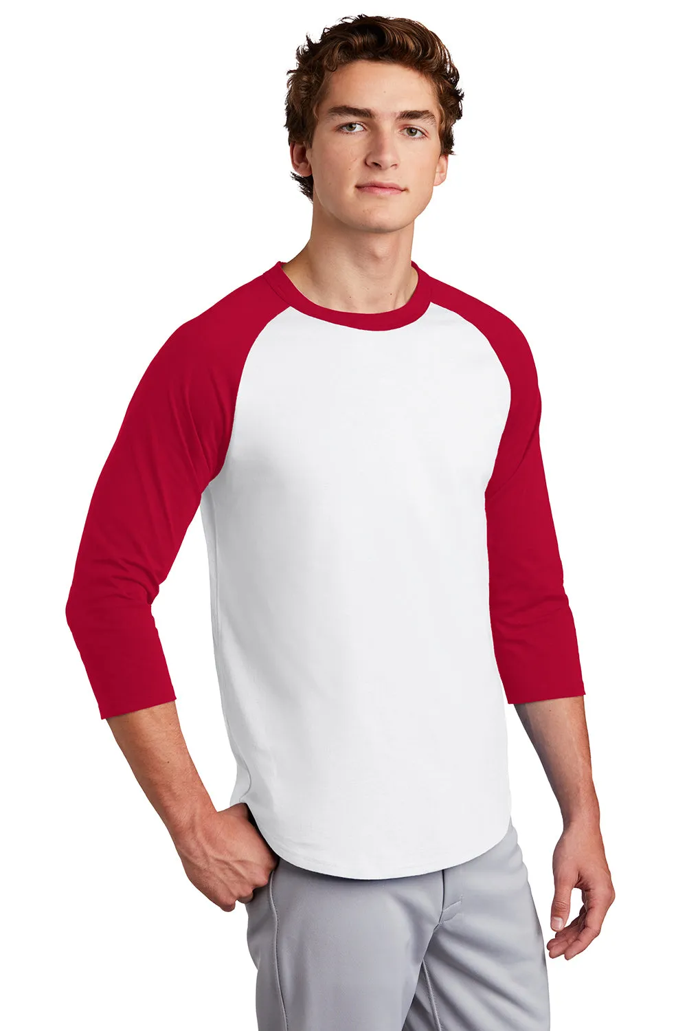 Sport-Tek Mens 3/4 Sleeve Crewneck T-Shirt - White/Red