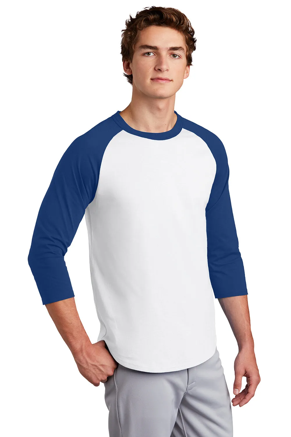Sport-Tek Mens 3/4 Sleeve Crewneck T-Shirt - White/Royal Blue
