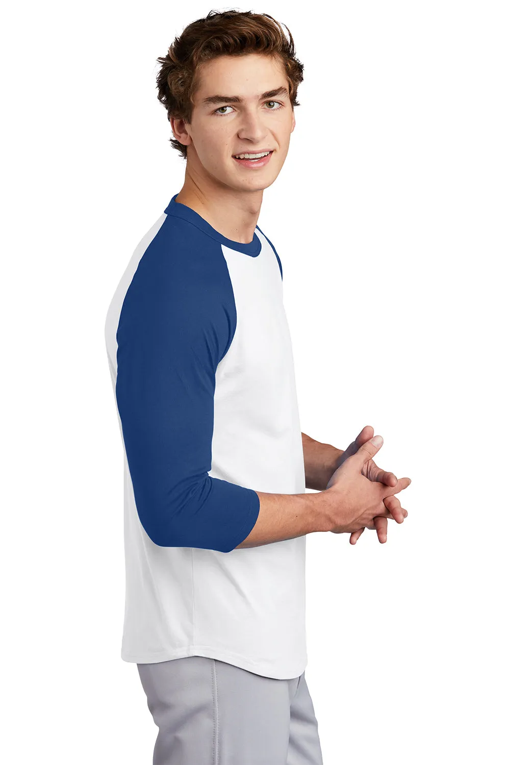Sport-Tek Mens 3/4 Sleeve Crewneck T-Shirt - White/Royal Blue