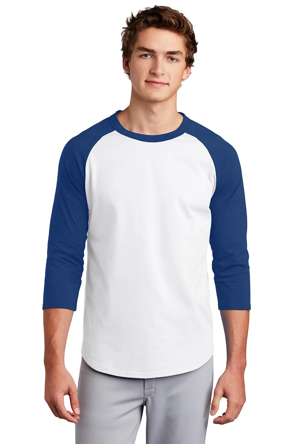 Sport-Tek Mens 3/4 Sleeve Crewneck T-Shirt - White/Royal Blue