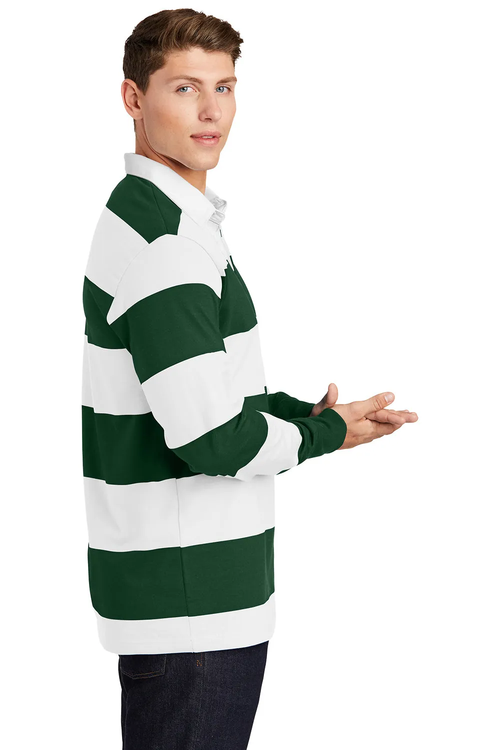 Sport-Tek Mens Classic Rugby Long Sleeve Polo Shirt - Forest Green/White