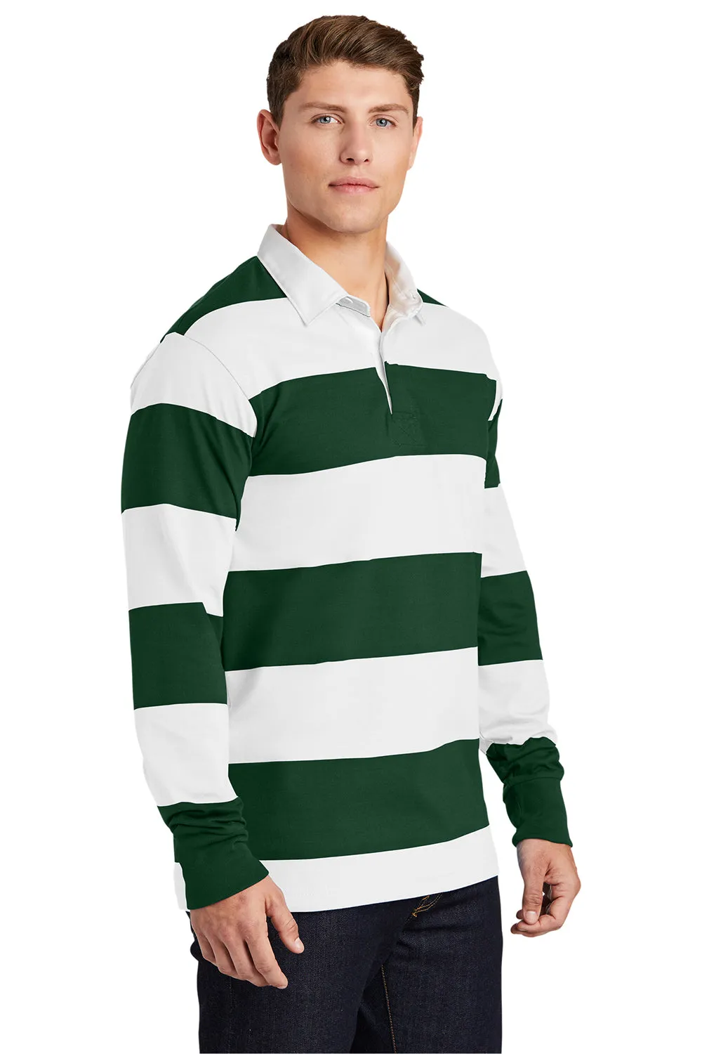 Sport-Tek Mens Classic Rugby Long Sleeve Polo Shirt - Forest Green/White