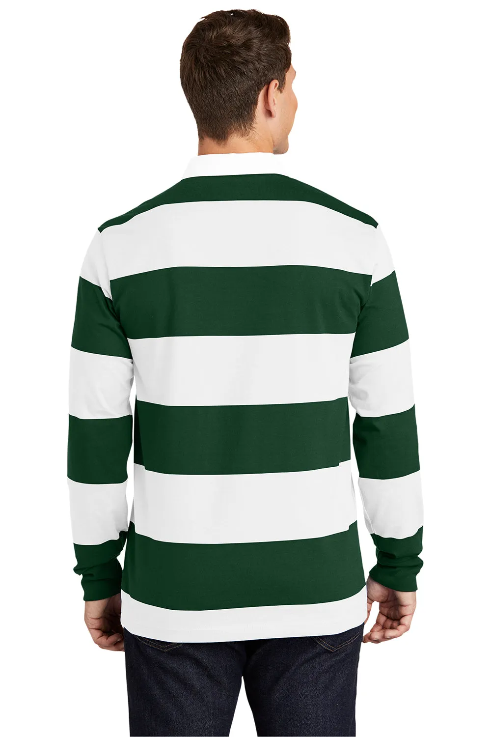 Sport-Tek Mens Classic Rugby Long Sleeve Polo Shirt - Forest Green/White