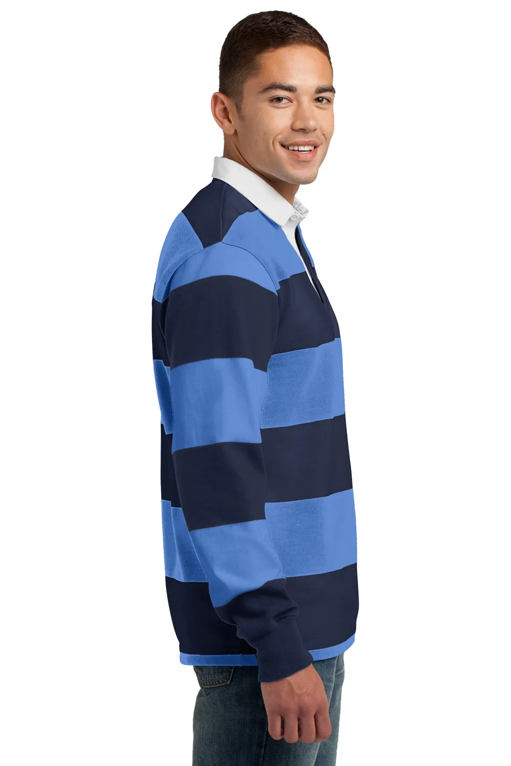 Sport-Tek Mens Classic Rugby Long Sleeve Polo Shirt - True Navy Blue/Carolina Blue - Closeout