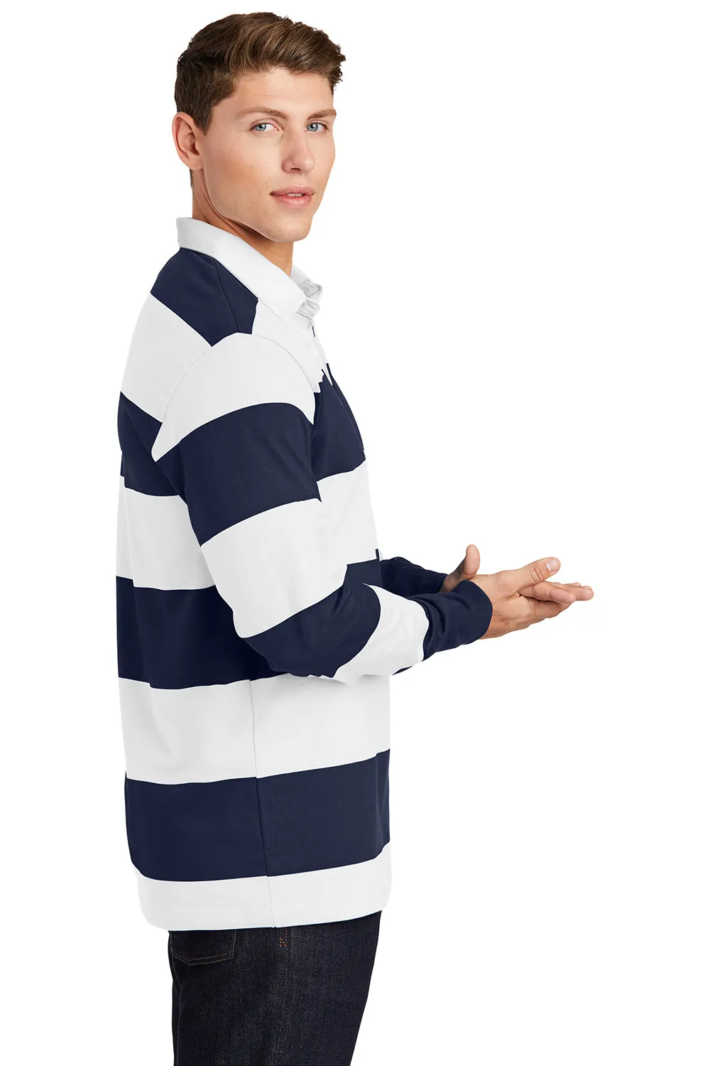 Sport-Tek Mens Classic Rugby Long Sleeve Polo Shirt - True Navy Blue/White
