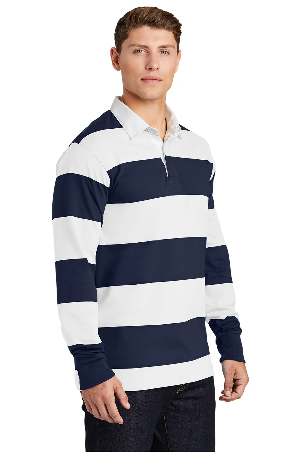 Sport-Tek Mens Classic Rugby Long Sleeve Polo Shirt - True Navy Blue/White