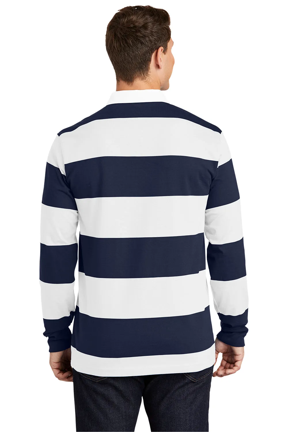 Sport-Tek Mens Classic Rugby Long Sleeve Polo Shirt - True Navy Blue/White