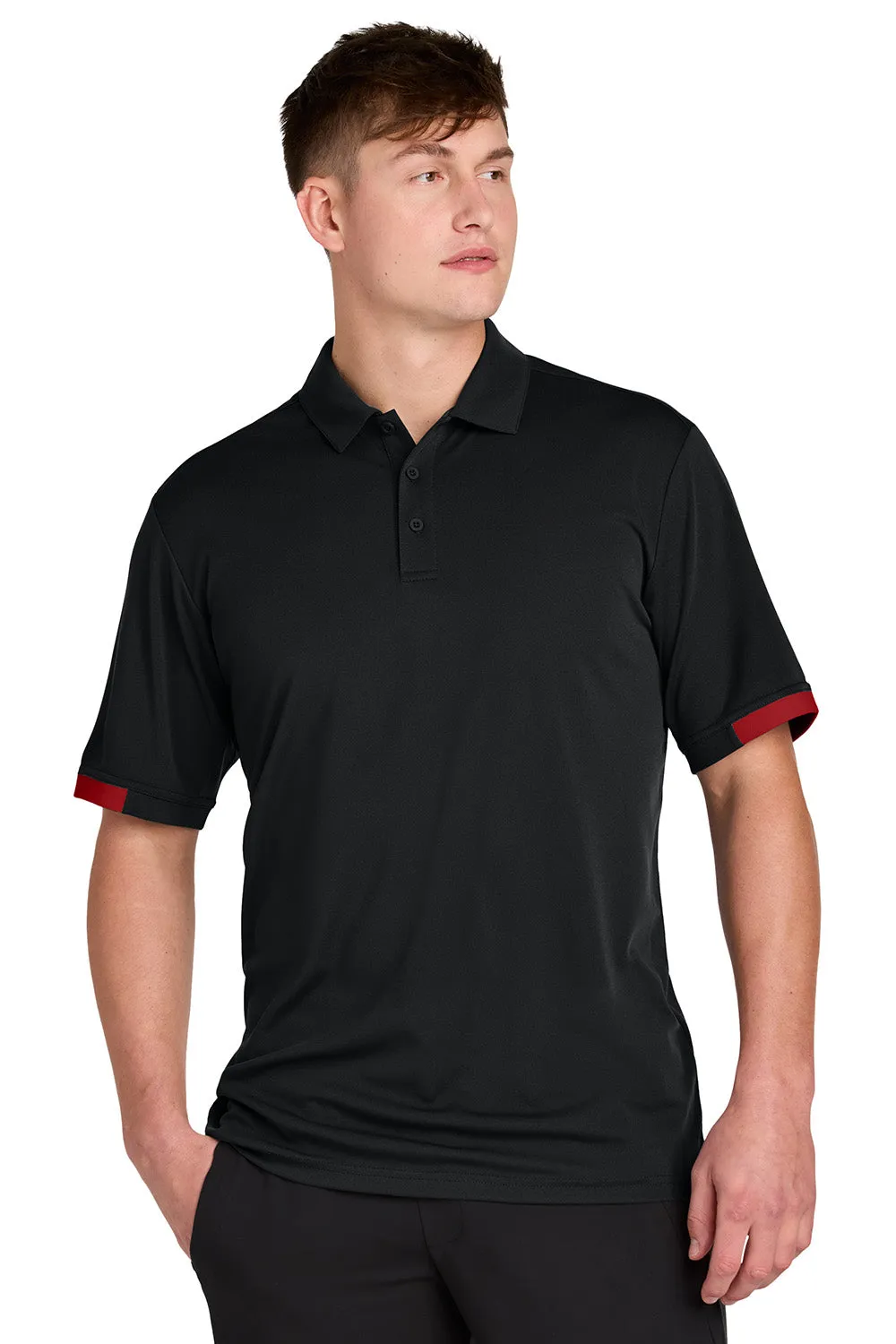 Sport-Tek Mens Club Colorblock Moisture Wicking Short Sleeve Polo Shirt - Black/Deep Red