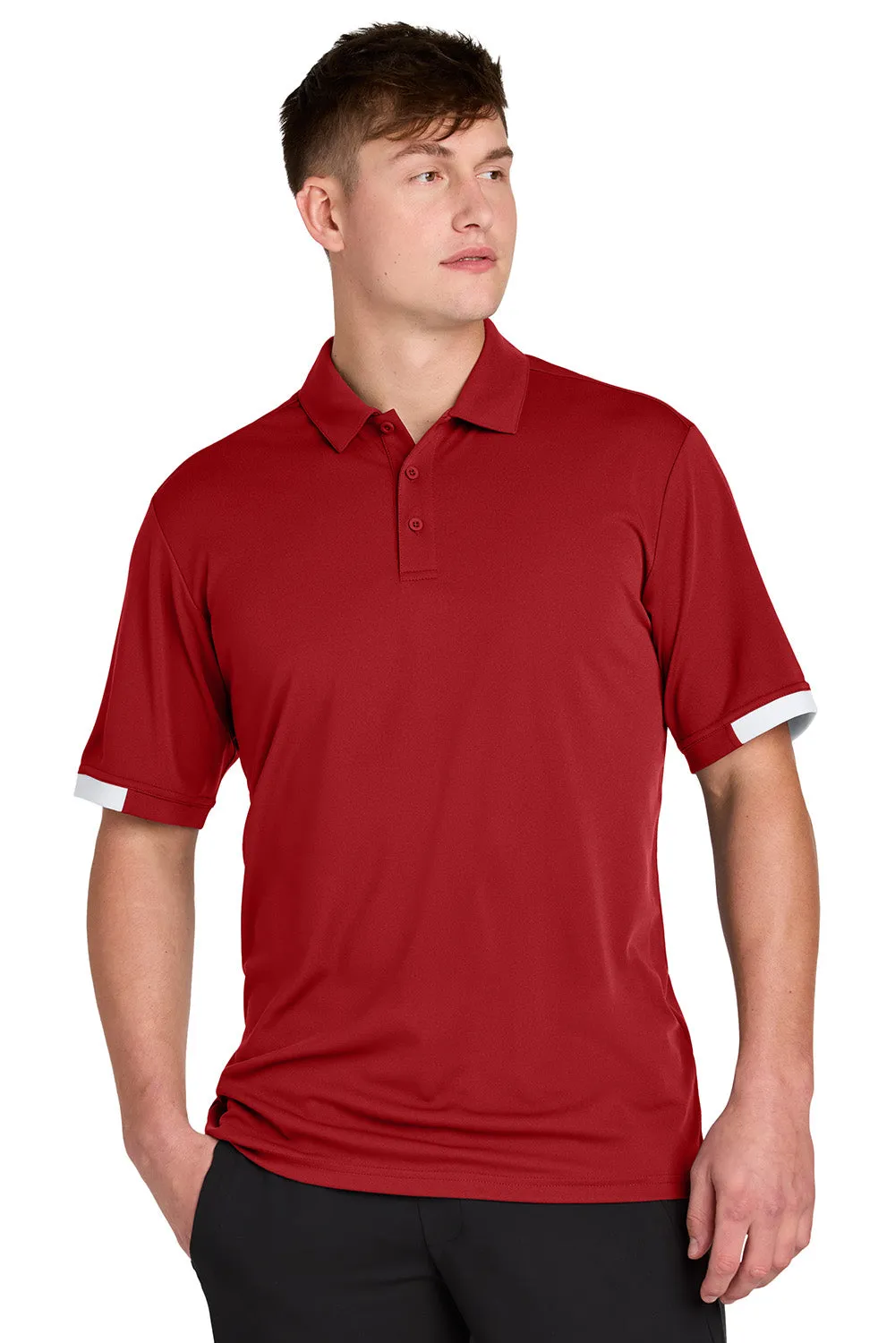 Sport-Tek Mens Club Colorblock Moisture Wicking Short Sleeve Polo Shirt - Deep Red/White