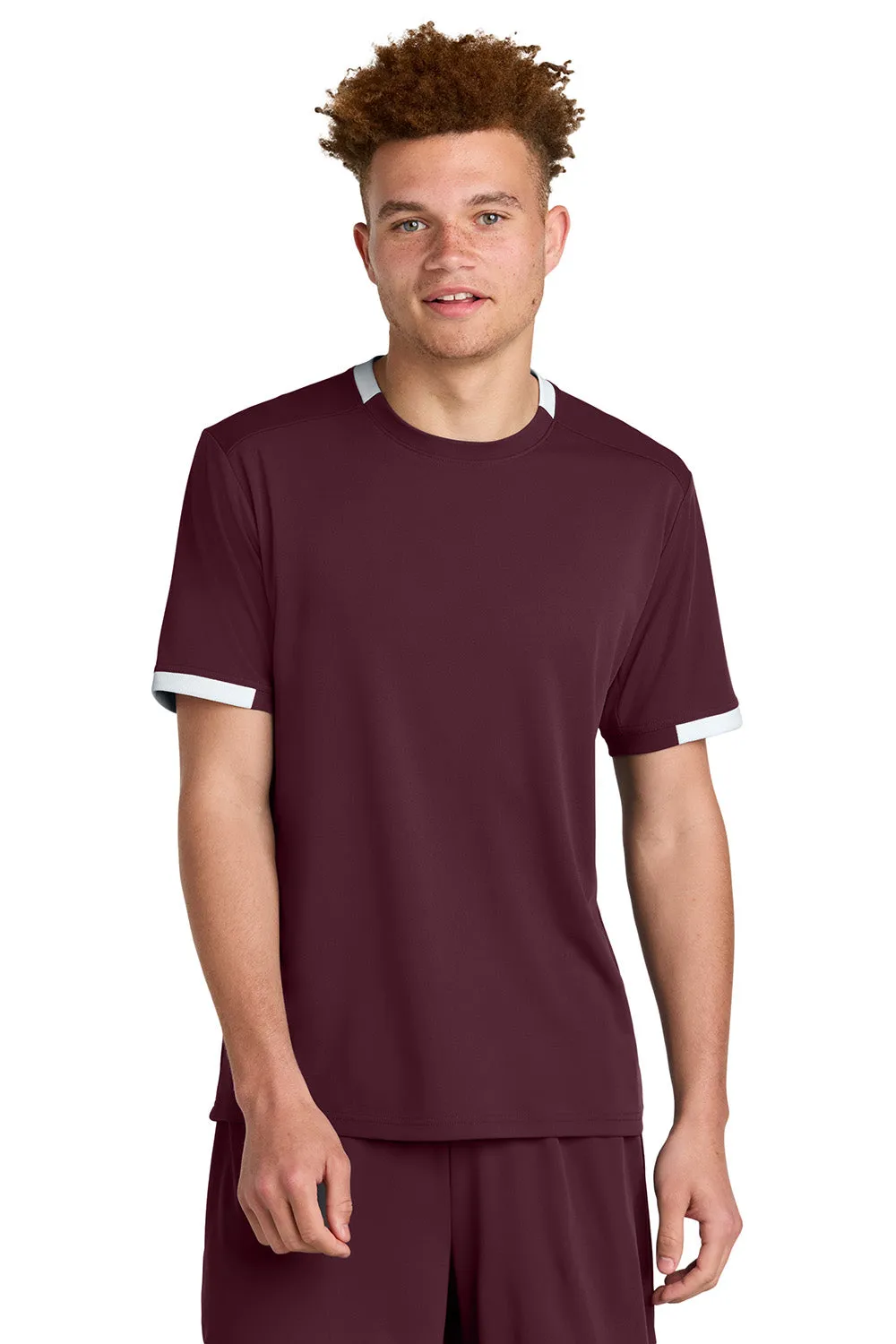 Sport-Tek Mens Club Moisture Wicking Short Sleeve Crewneck T-Shirt - Maroon/White