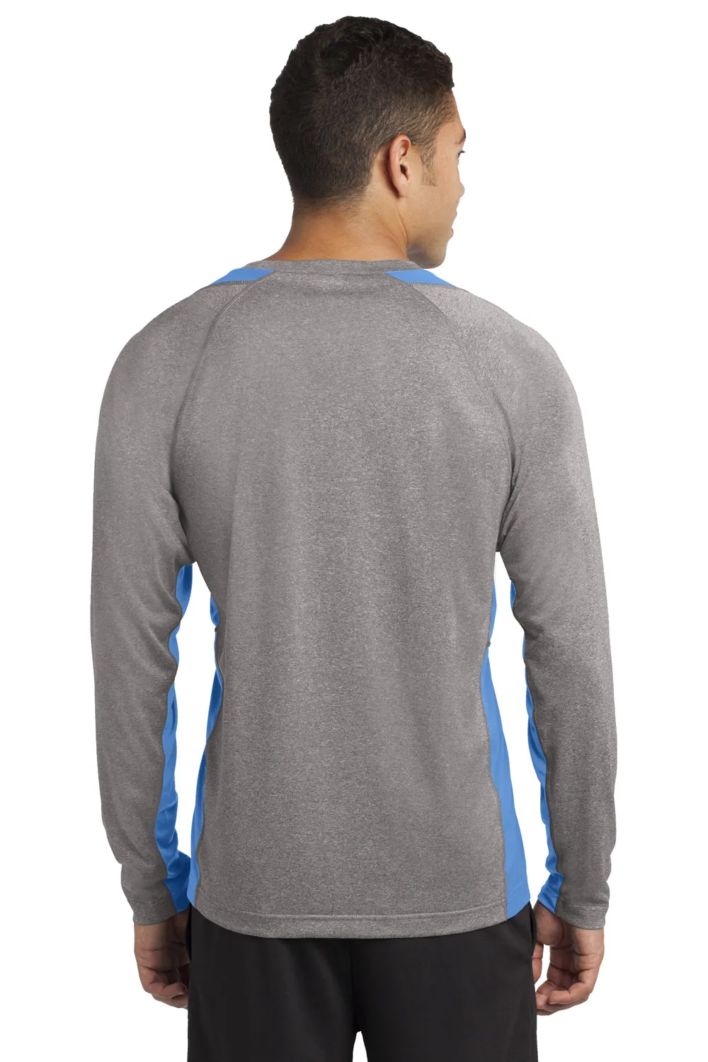 Sport-Tek Mens Contender Heather Moisture Wicking Long Sleeve Crewneck T-Shirt - Heather Vintage Grey/Carolina Blue - Closeout