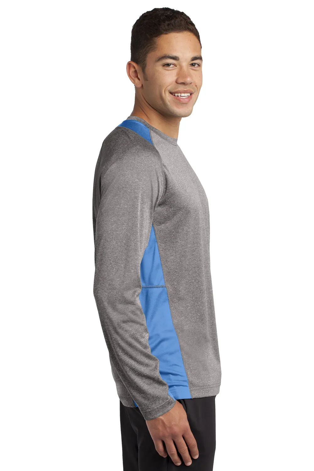 Sport-Tek Mens Contender Heather Moisture Wicking Long Sleeve Crewneck T-Shirt - Heather Vintage Grey/Carolina Blue - Closeout