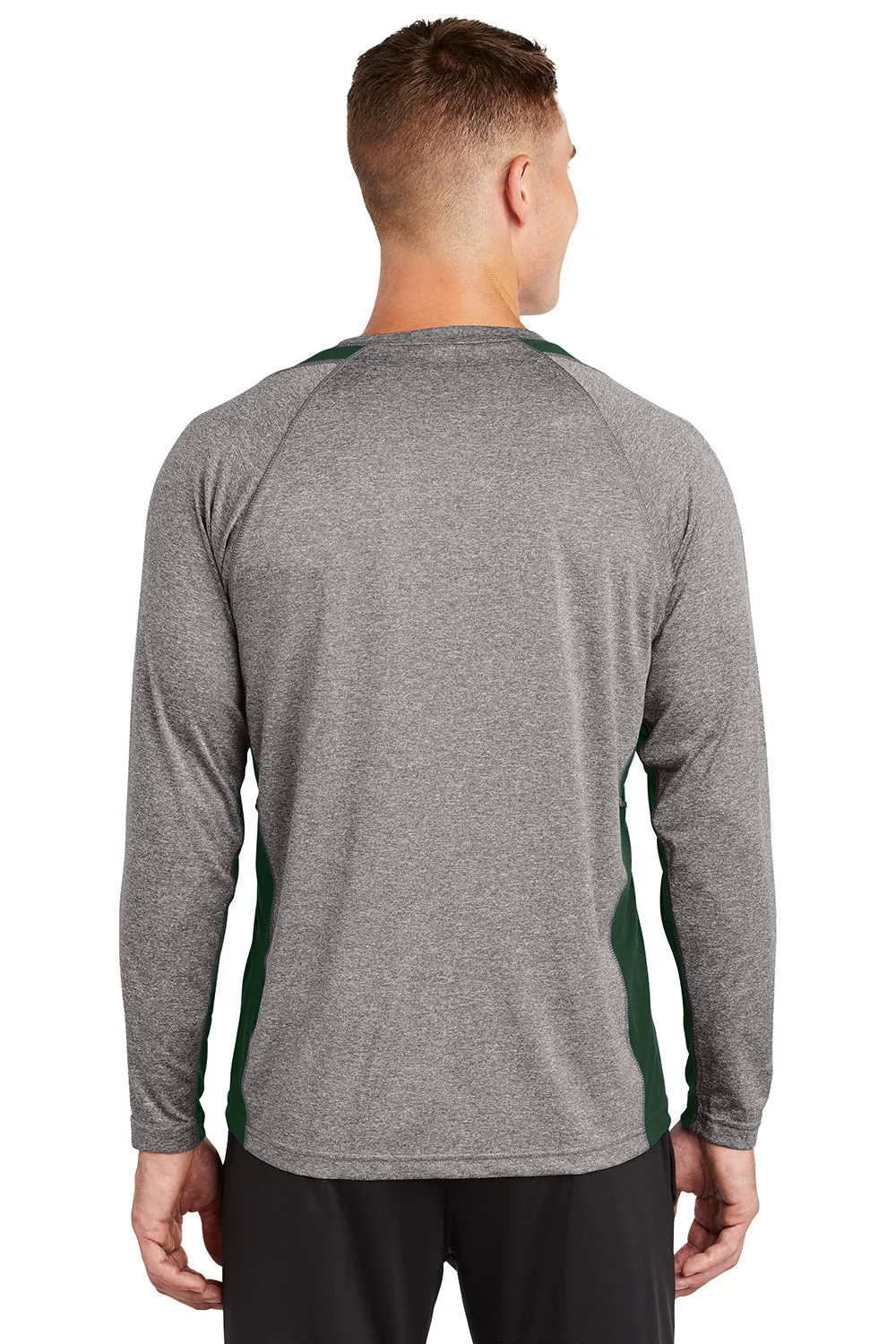 Sport-Tek Mens Contender Heather Moisture Wicking Long Sleeve Crewneck T-Shirt - Heather Vintage Grey/Forest Green