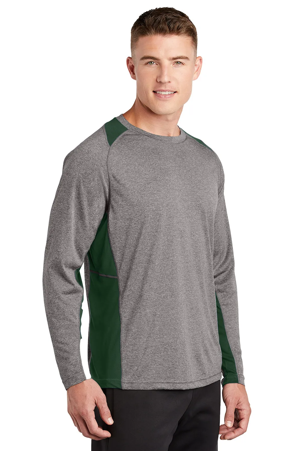 Sport-Tek Mens Contender Heather Moisture Wicking Long Sleeve Crewneck T-Shirt - Heather Vintage Grey/Forest Green