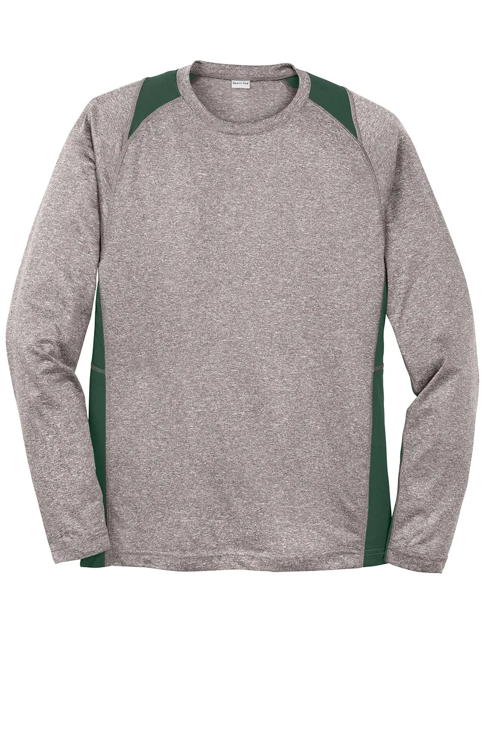 Sport-Tek Mens Contender Heather Moisture Wicking Long Sleeve Crewneck T-Shirt - Heather Vintage Grey/Forest Green