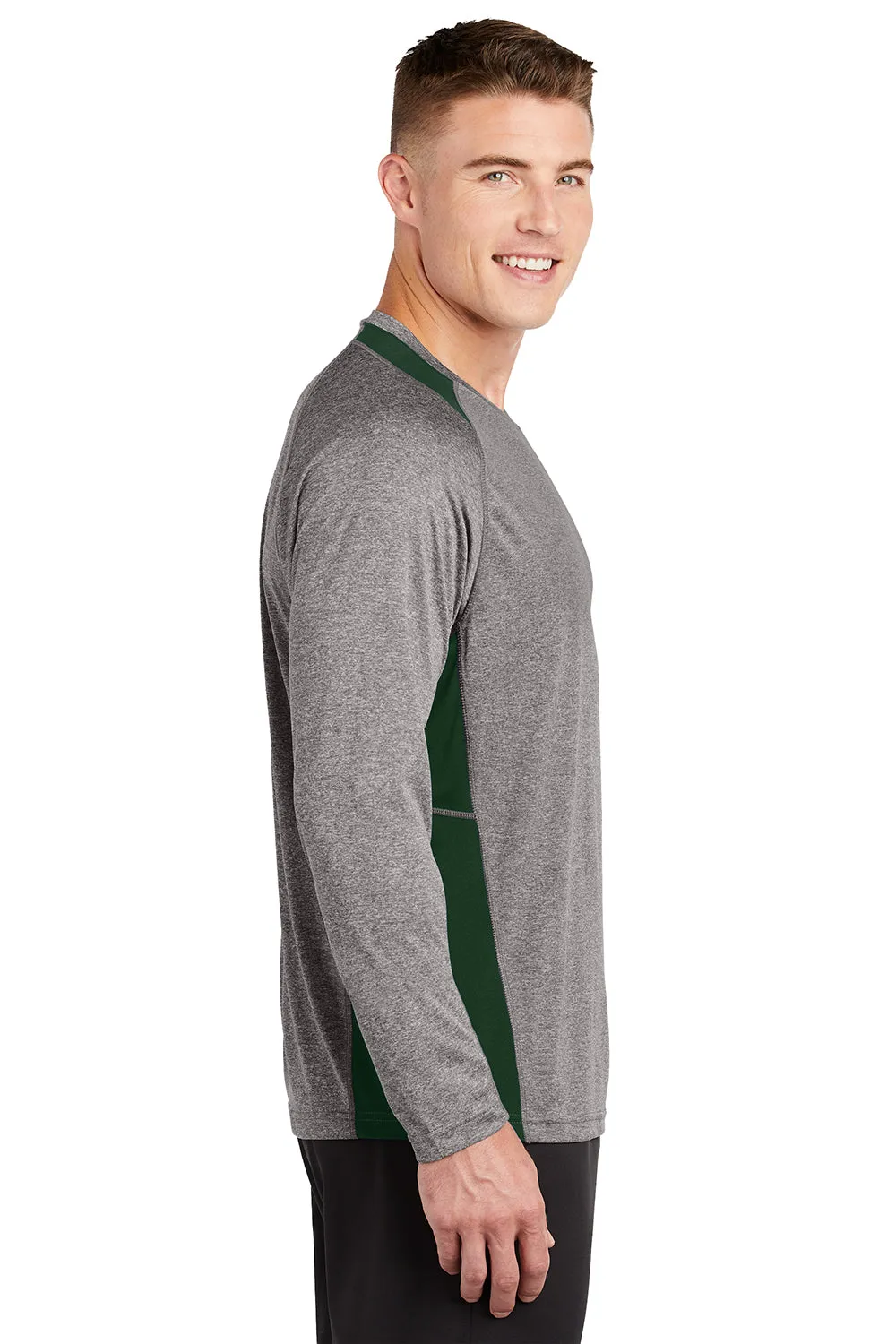 Sport-Tek Mens Contender Heather Moisture Wicking Long Sleeve Crewneck T-Shirt - Heather Vintage Grey/Forest Green