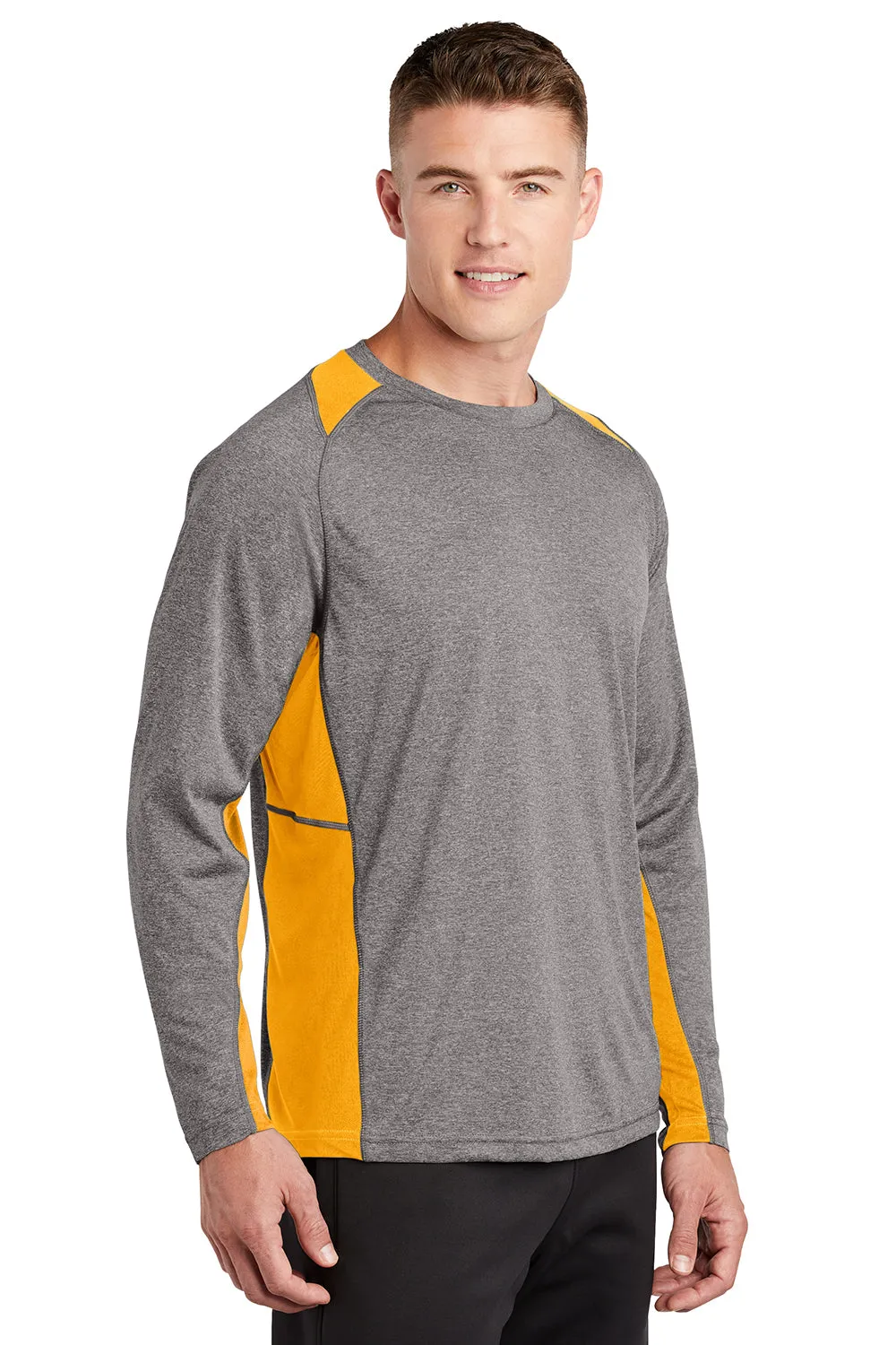 Sport-Tek Mens Contender Heather Moisture Wicking Long Sleeve Crewneck T-Shirt - Heather Vintage Grey/Gold - Closeout