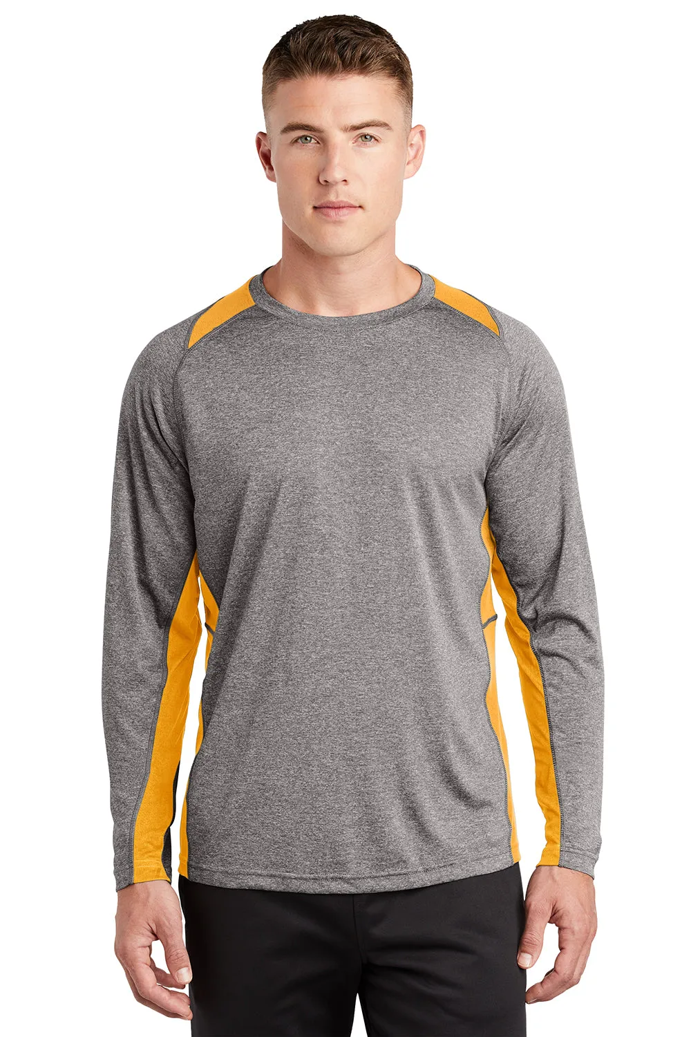 Sport-Tek Mens Contender Heather Moisture Wicking Long Sleeve Crewneck T-Shirt - Heather Vintage Grey/Gold - Closeout