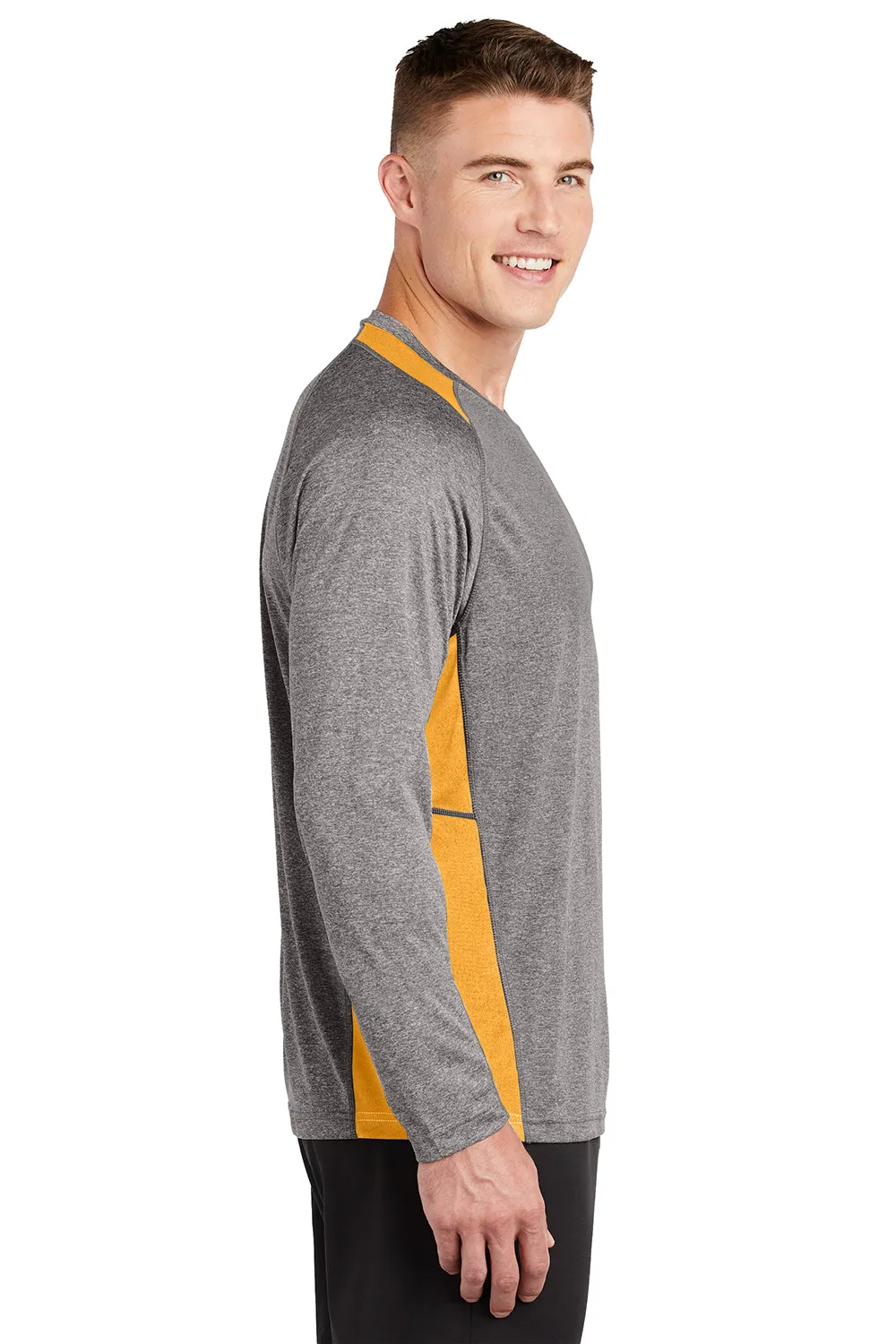 Sport-Tek Mens Contender Heather Moisture Wicking Long Sleeve Crewneck T-Shirt - Heather Vintage Grey/Gold - Closeout