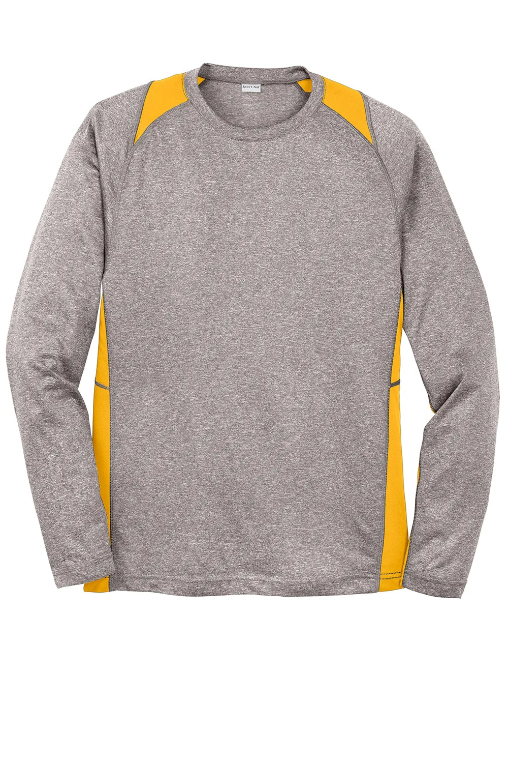Sport-Tek Mens Contender Heather Moisture Wicking Long Sleeve Crewneck T-Shirt - Heather Vintage Grey/Gold - Closeout