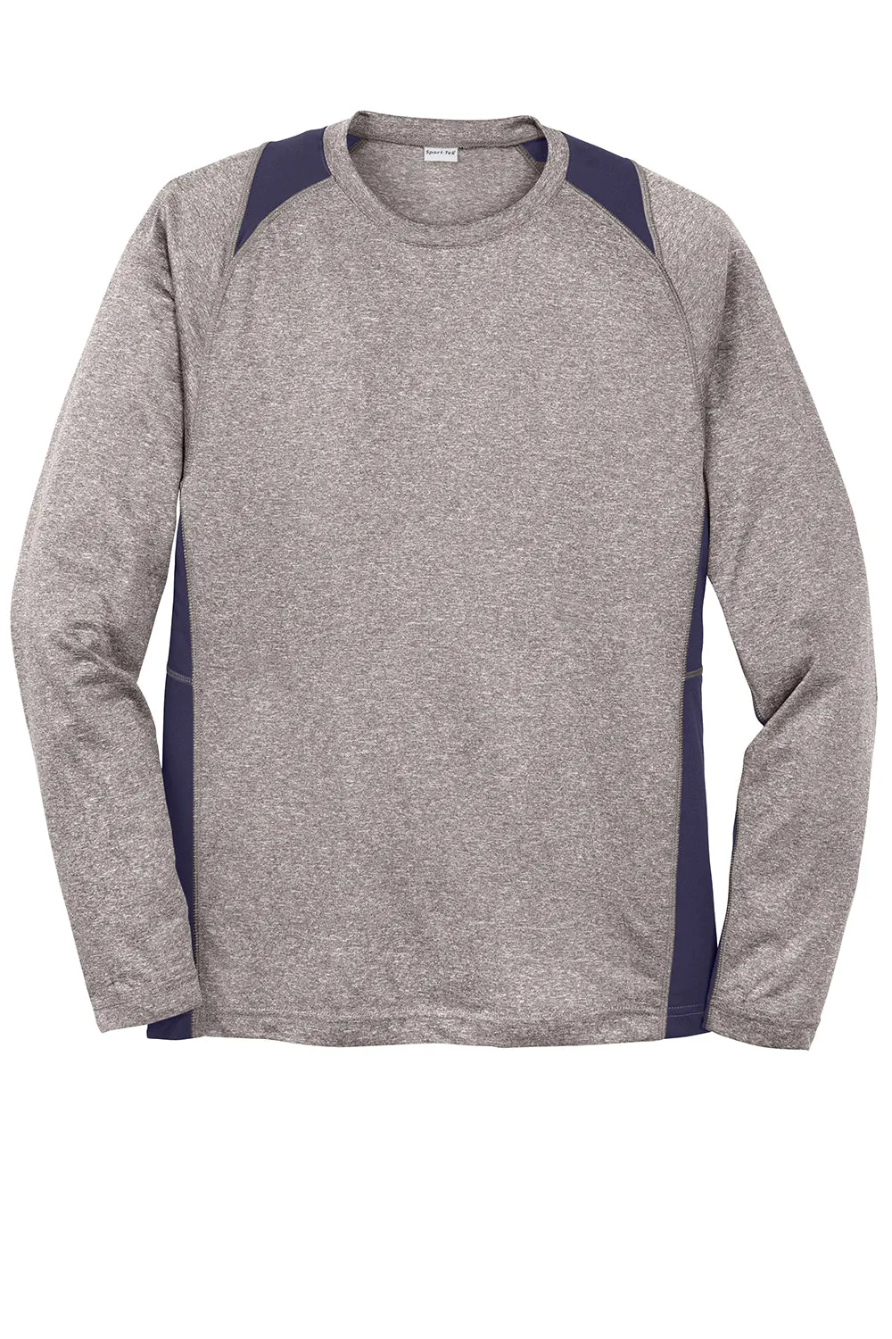 Sport-Tek Mens Contender Heather Moisture Wicking Long Sleeve Crewneck T-Shirt - Heather Vintage Grey/True Navy Blue